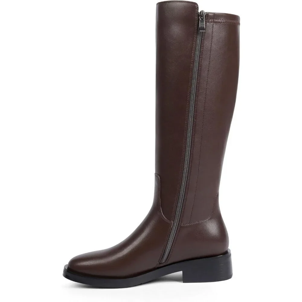 Women Polyurethane Stretch-Chocolate Round Toe Flat Side Zipper Knee High Boots
